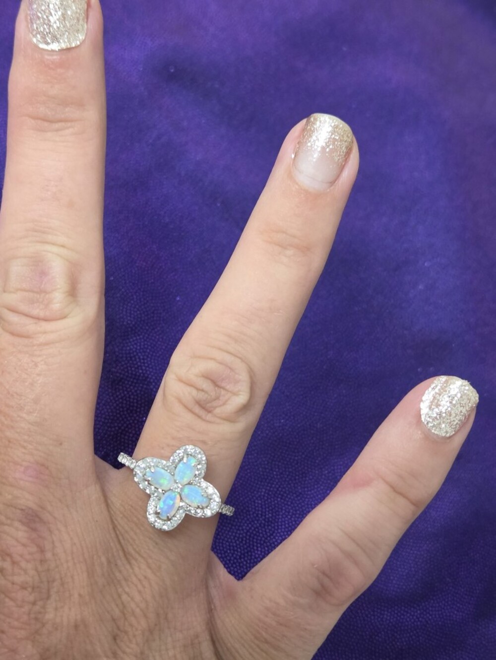 925 Sterling Silver Opal Flower Halo Ring in Blue-Green